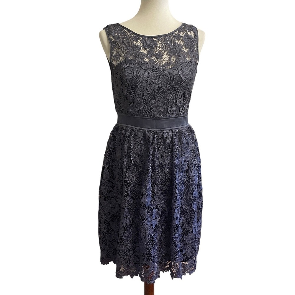Adriana Papell Dress Womens Size 10 Gray Fit & Flare Crochet Lace Overlay Satin